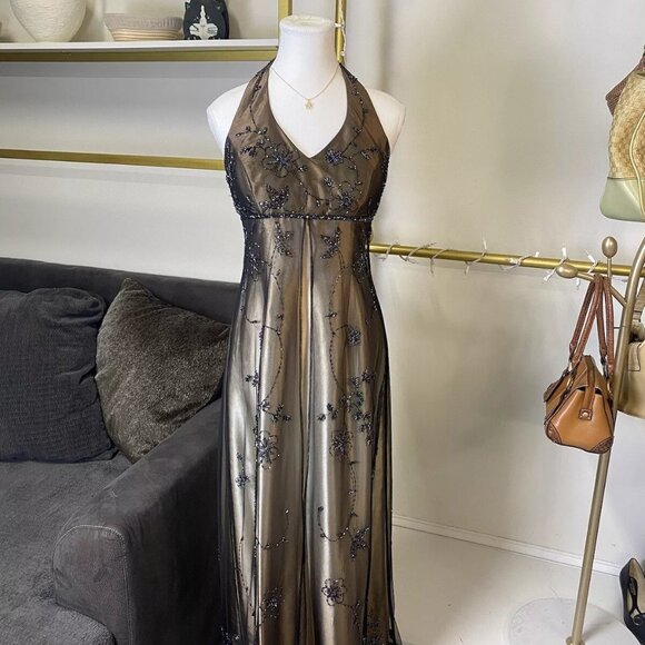 Vintage betsy adams Prom Dress Maxi Gown 4 gold 90s Y2K Goth Ombre Mesh Grunge - Picture 2 of 15